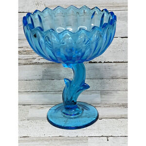 Indiana Glass Turquoise Aqua Blue Compote Tulip Bowl W/ Stem & Leaves Pedastal